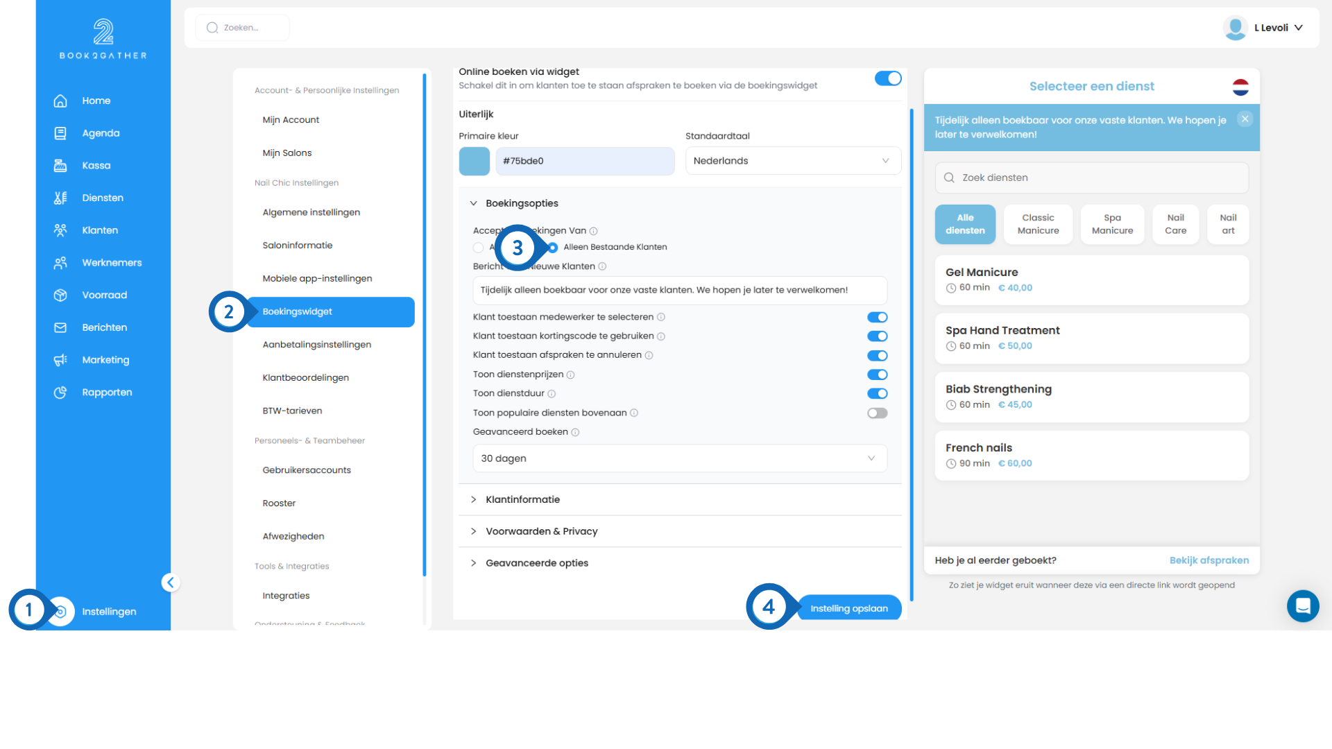 Dashboard instellingen voor klantenstop